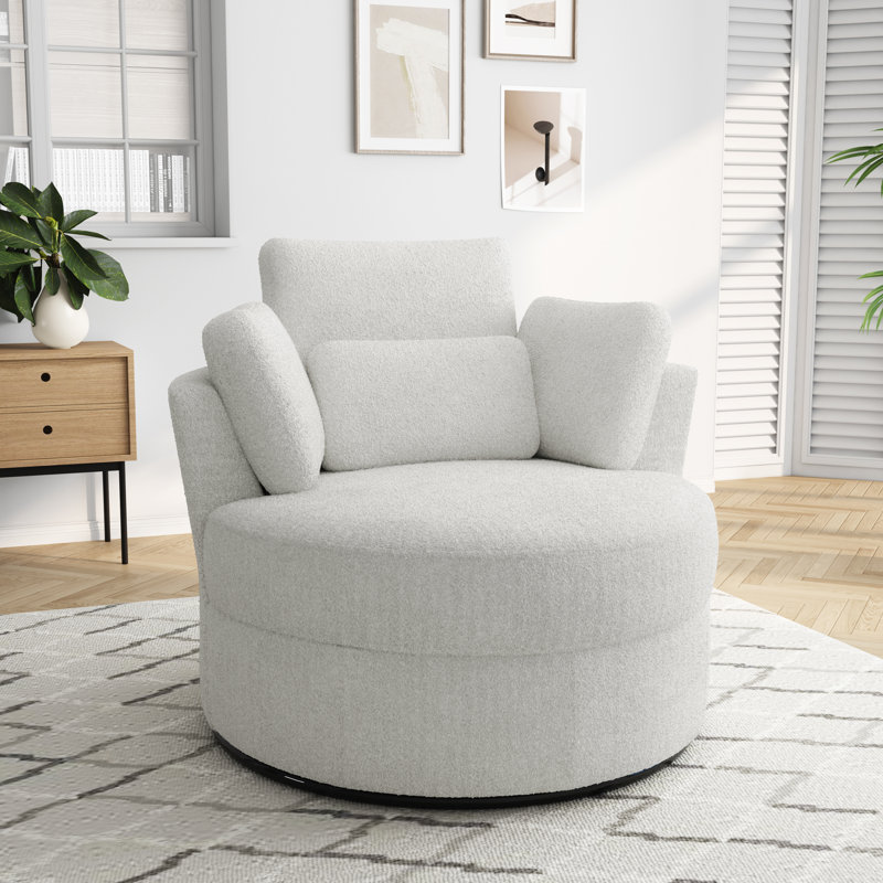 Niama Upholstered Swivel Lounge Armchair With Pillows, Ivory Polyester Blend/Polyester