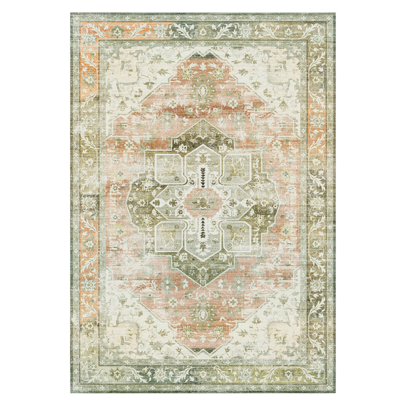 Oriental Vintage Medallion Terracotta Performance Machine Washable Non Slip Area Rug, Rectangle 8' x 10'