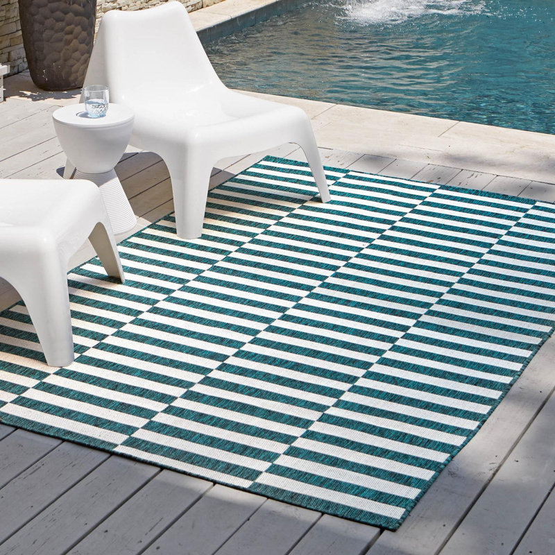 Tapis intérieur / extérieur bleu sarcelle / ivoire Noank, Rectangle 5 pi 1 po x 8 pi