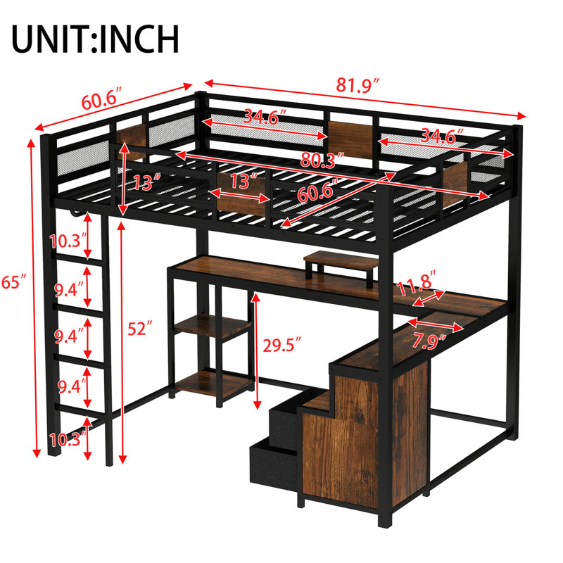 Lit mezzanine grand espace, bureau, rangement, garde-corps, finition rouille, facile à assembler, dortoir avec tiroirs de rangement non tissés noirs, structure, assemblage, petites chambres