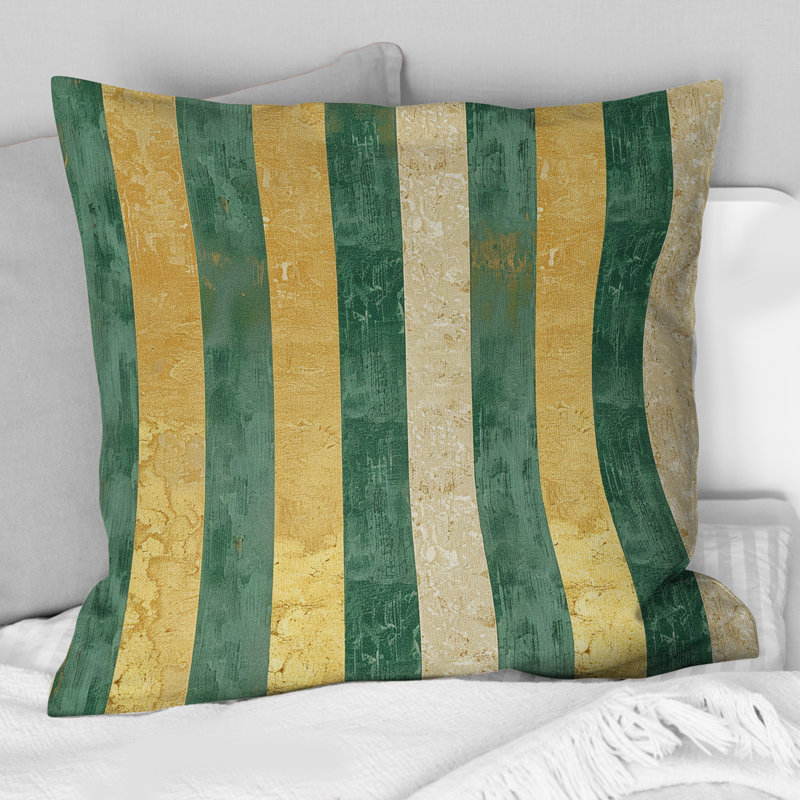 Coussin décoratif à rayures dorées et vertes III, H 16 po x l 16 po