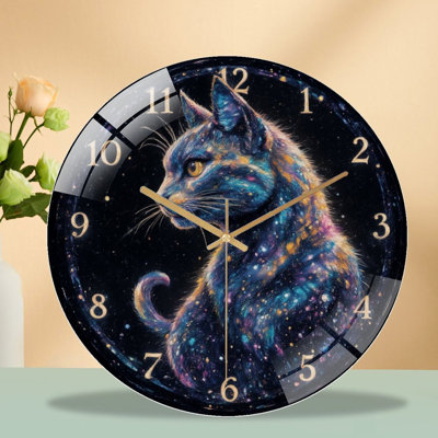 Clock Face With Galaxy Cat Art - 12'' Modern Glass Wall Clock