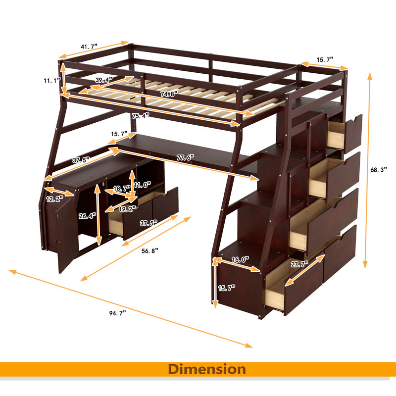 Lit mezzanine simple avec 7 tiroirs, 2 tablettes et un bureau, Espresso