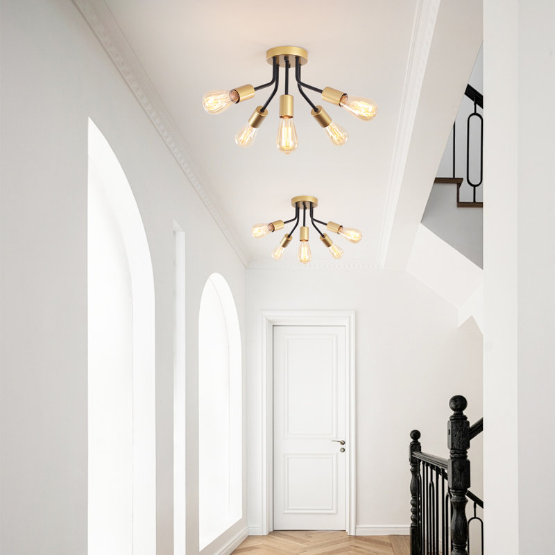 5-Light 14.76" Sputnik Sphere Industrial Linear Semi Flush Mount Ceiling Light, Black/Gold