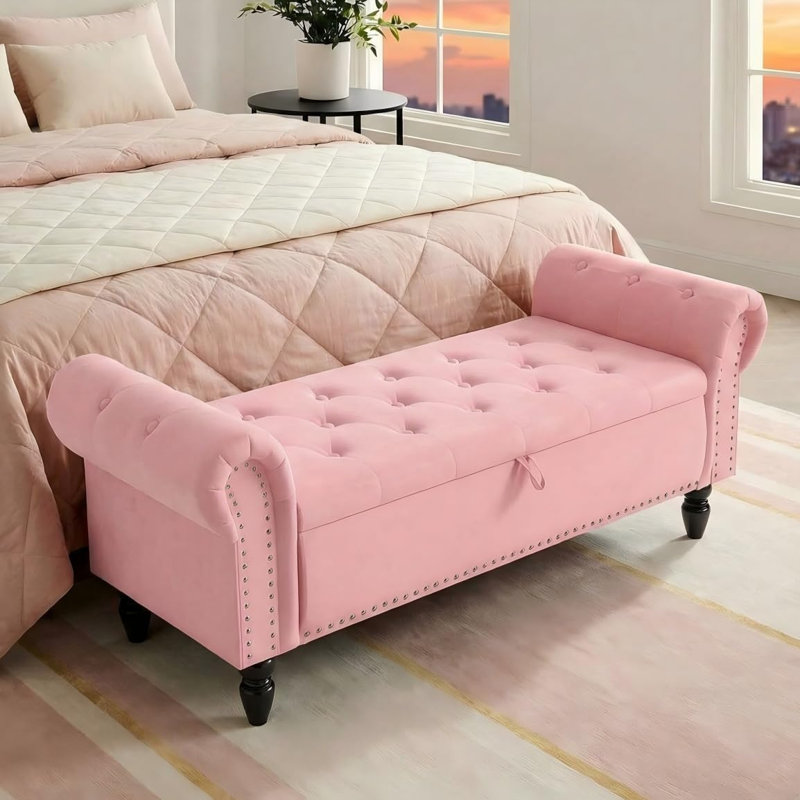 Ottoman Storage Bench, Velvet End Of Bed Storage Box With Lid, Sturdy Wood Legs Footrest, 168kg Load Capacity, Sofa Bench For Bedroom/living Room, 133x53x46cm