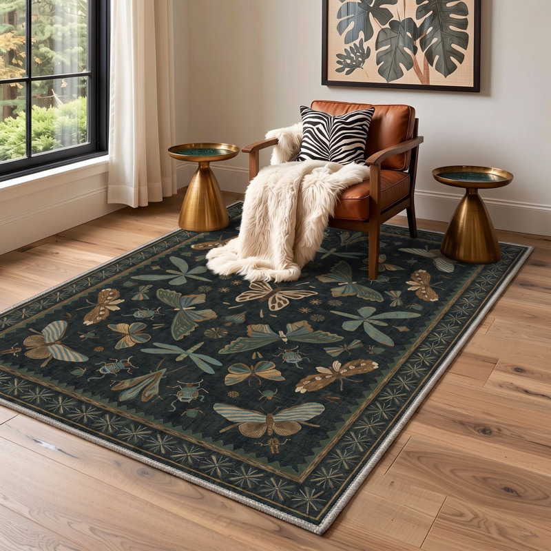 Tapis de porte antidérapant, lavable, à poils courts, motif animal noir et vert., Rectangle 3' x 5'