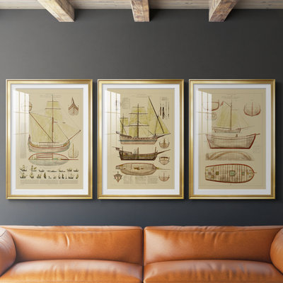 Antique Ship Plan I - Impression personnalisée de qualité supérieure avec cadre mat - 3 pièces