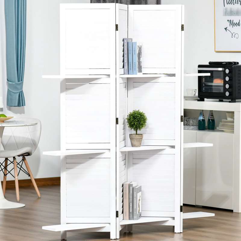 Paravent en bois 4 panneaux 67 po avec 3 tablettes, pliable pour la chambre à coucher / bureau à la maison, paravent blanc, présentoir à panneaux