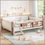 Grand lit au sol avec bibliothèques de rangement, lit en bois massif pour enfants avec de jolis escaliers et garde-corps, aucun sommier nécessaire, beige-1893249842-1882690441