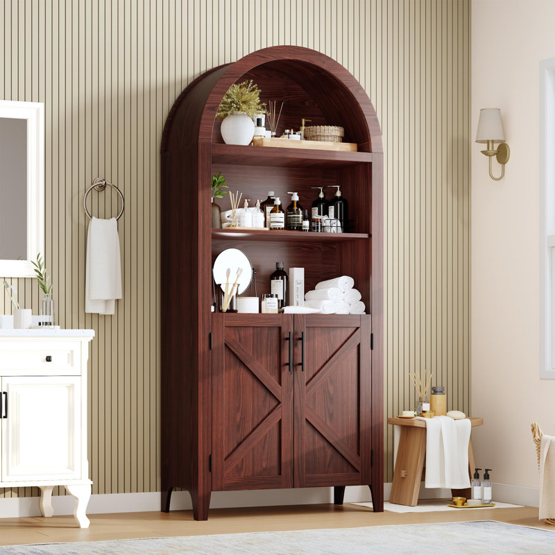 63" Arched Bookcase with Doors, 5-Tier Open Display Shelf & Storage Cabinet for Home Office, Walnut