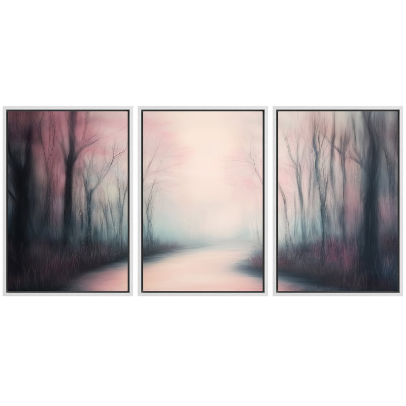 «Dreamy Pink Mist Forest», art mural de chambre à coucher, impression sur toile encadrée, 3 pièces, H 24 po x l 48 po