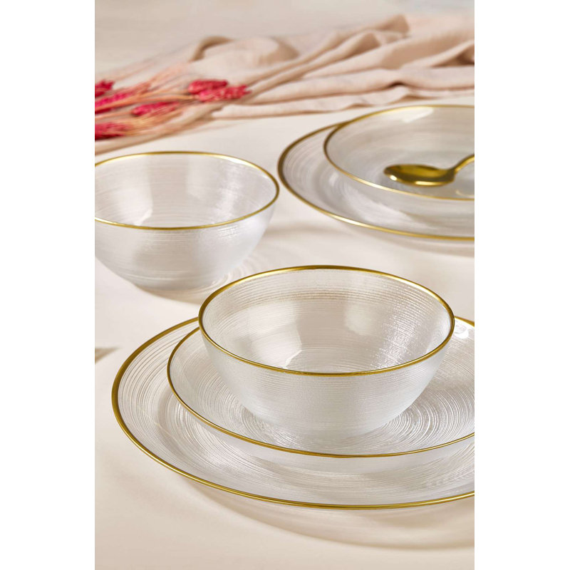 Service de table élégant 18 pièces, 100% verre | Comprend 6 assiettes de service (11,0 po), 6 assiettes (8,3 po), 6 bols (5,9 po) | Conception élégante et transparente, parfaite pour les repas formels | Ne va pas au lave-vaisselle ni au micro-ondes
