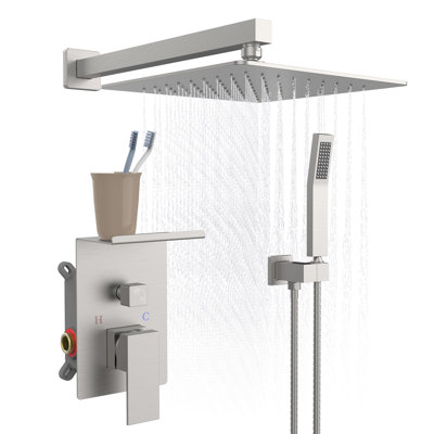 Rainfall Shower System With Storage Rack 10 Inch Shower Faucet Set Brushed Nickel With High Pressure With Square Shower Head Luxury Shower Set Wall Mount