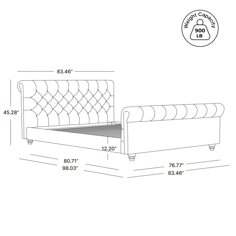 Jennifer Waverly Rolled-Arm Diamond-Tufted Upholstered Platform Bed with Birch Wood Legs, King, Prestige Ivory