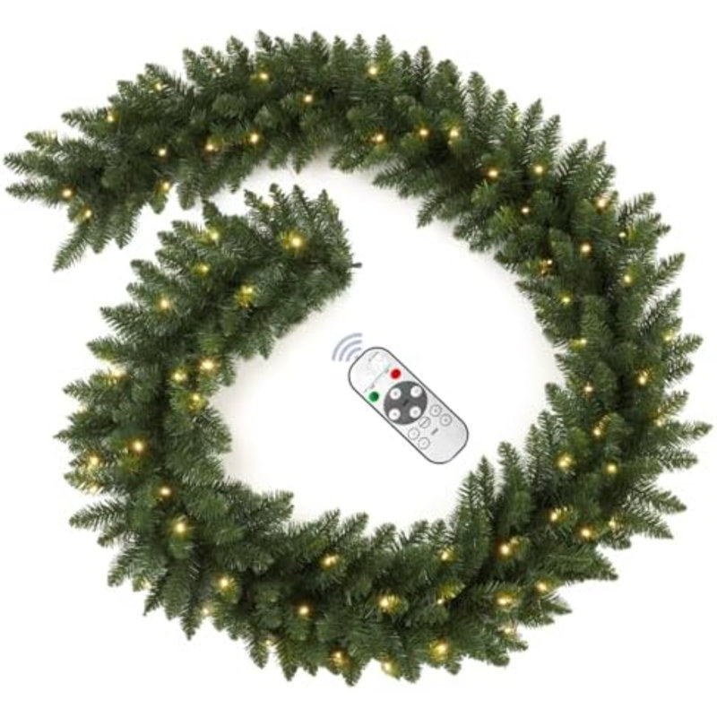 9FT Pre-Lit Artificial Christmas Garland with Dual Color LED Lights and Timer by Remote Control and Batteries Operated, Holiday Decorations, for Indoor Door Home Stairs Fireplaces Wall