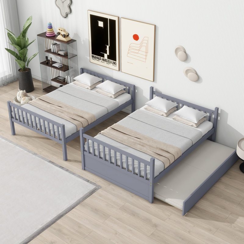 Sotion Kids Bunk Bed with Trundle, Gray, Full Over Full