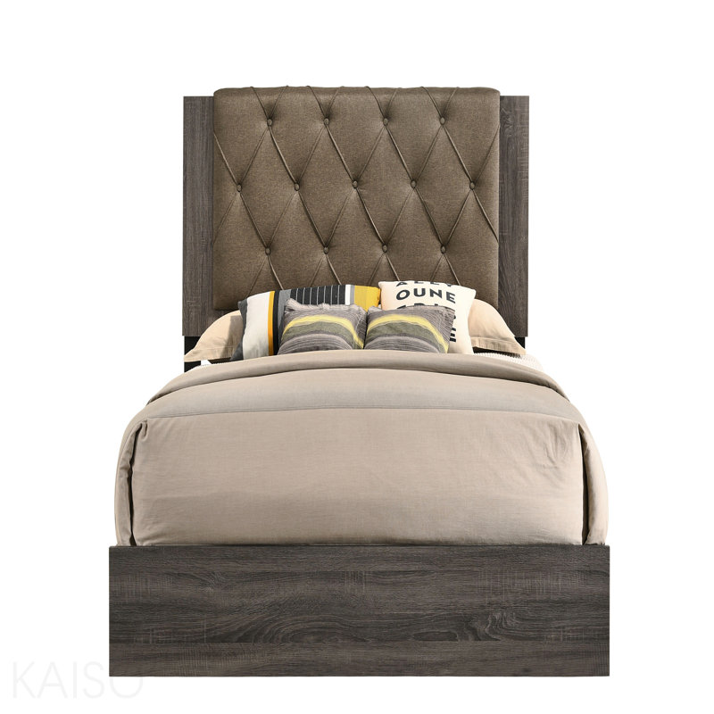 Lit, tissu Avantika et finition chêne gris rustique