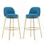 Rio Claro Indoor Metal Upholstered Barstool, Gold Finished Frame And Blue Upholstery, Set Of 2