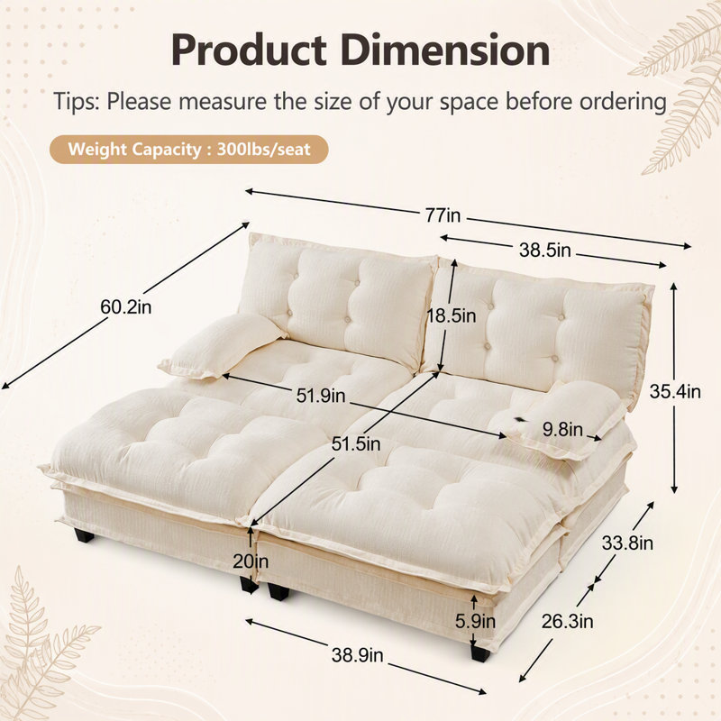 Modular Sectional Cloud Couch with 2 Ottomans, Deep Seat Sofa, Comfy Lattice Cushions, Sleeper Sofa Bed for Versatile Use