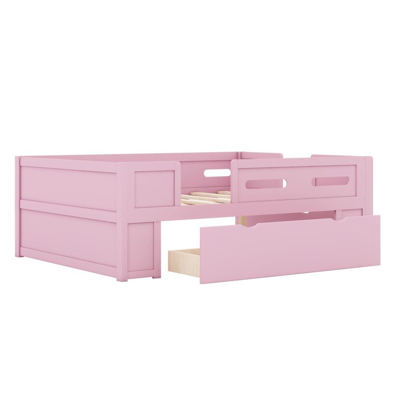 Kids & Teens Wood Platform Bed with Guardrail and Storage Drawer, Pink