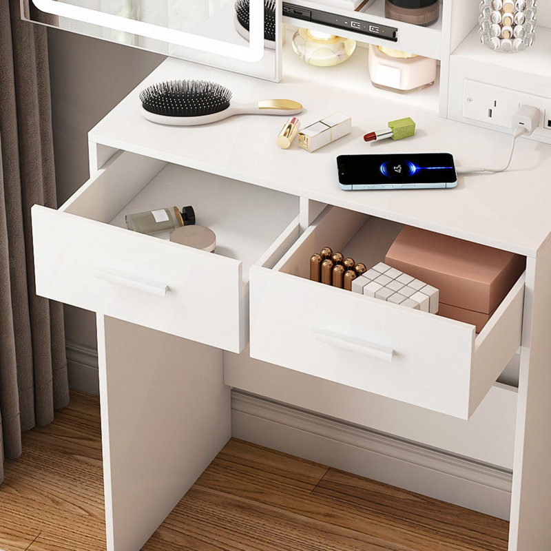 Small Makeup Vanity Desk With Mirror & Adjustable LED Lights,Built-In Power Outlet & Hidden Storage, Includes Padded Stool & Shelf,Space-Saving Dressing Table For Small Bedrooms