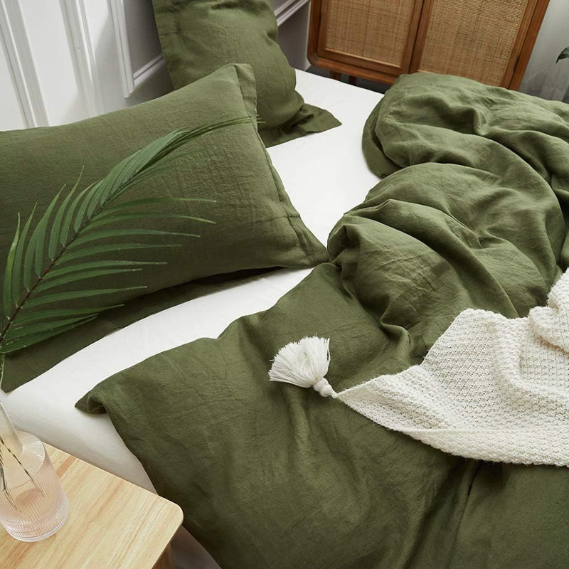 Ensemble de housse de couette 100% lin, Housse de couette grand + 2 taies d'oreiller, Vert olive