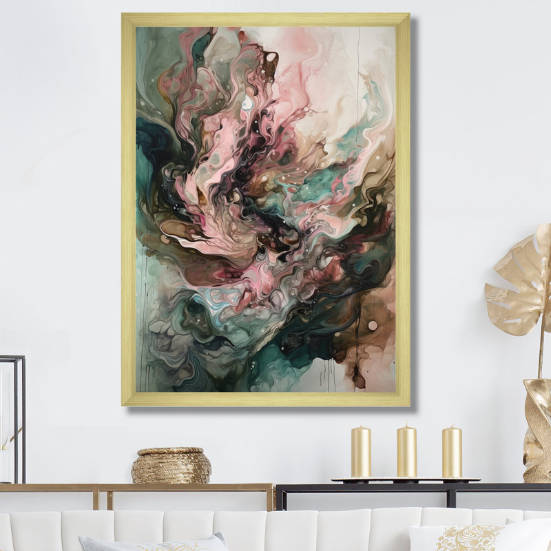Art mural encadré géométrique abstrait rose et vert III, Encadrement doré, H 40 po x l 30 po x P 1,5 po