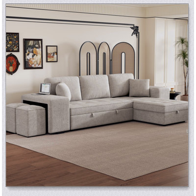 L-Shape Reversible Sectional Couch, Sleeper Sofa With Storage Chaise And 2 Stools
