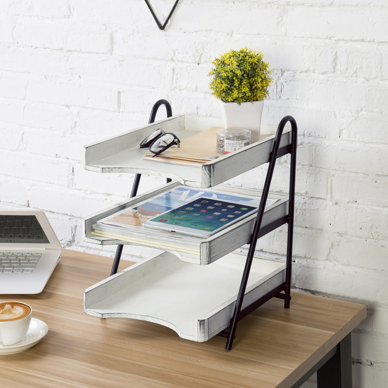 Vintage White Wood and Black Metal 3-Tier Office Desk Organizer