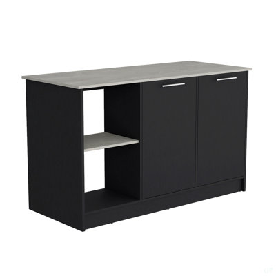 Juniper Kitchen Island With Large Top Surface, Double Door Cabinet, And Open Shelves