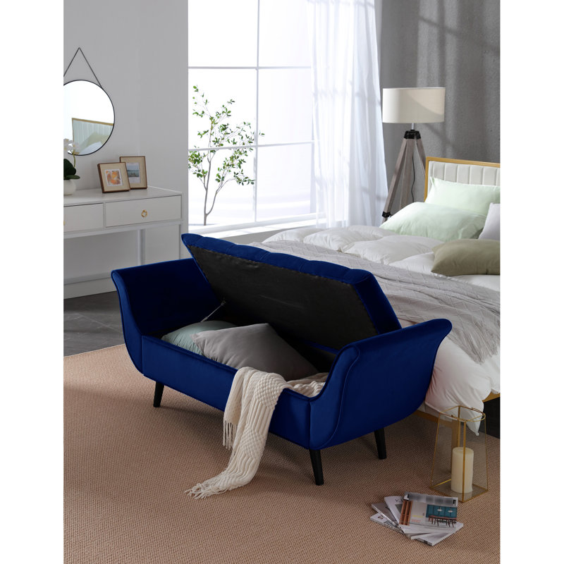 Modern 65-Inch Bench, Velvet Finish, Living Room Entryway Feature Decor Item Hall Tree Design Upholstered, Bedroom, Navy