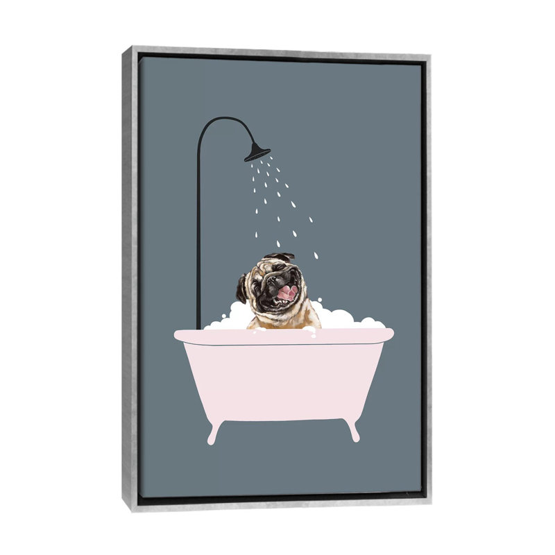 Art de salle de bain carlin à bulles rires, Toile avec cadre argenté, H 40 po x l 26 po x P 1,5 po