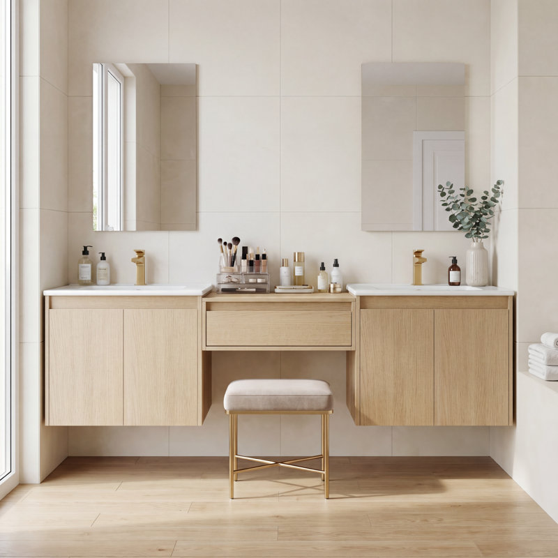 Meuble-lavabo double 72 po avec lavabo à maquillage, lavabo en céramique et conception sans poignée 72 po, Frêne, 72"