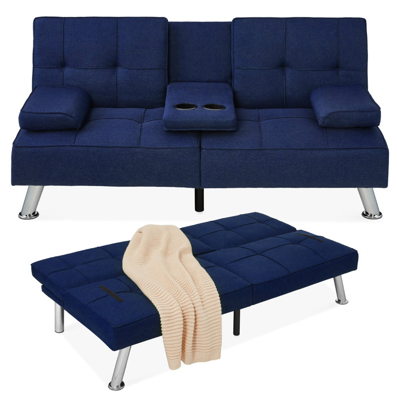 Latsia Modern Linen Convertible Futon Sofa Bed w/ Removable Armrests, Metal Legs, Cupholders, Dark Blue