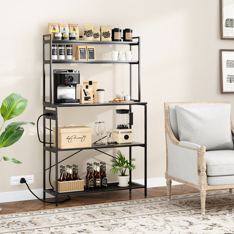 Support pour 5 boulangeries avec prises électriques, support à micro-ondes de 39 po, bar à café, tablette de rangement pour la gestion efficace de l'espace de comptoir - bois d'ingénierie noir, 45 lb, 150 lb par niveau