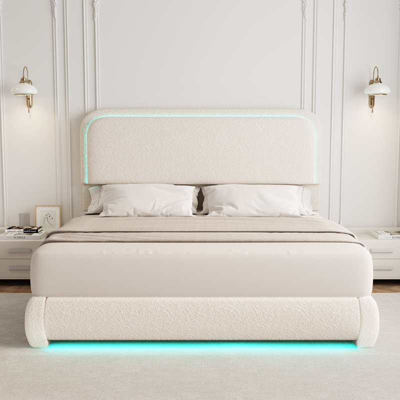 LED Teddy Fleece Platform Bed Frame with Round Corner Upholstered Headboard, Full, Cream