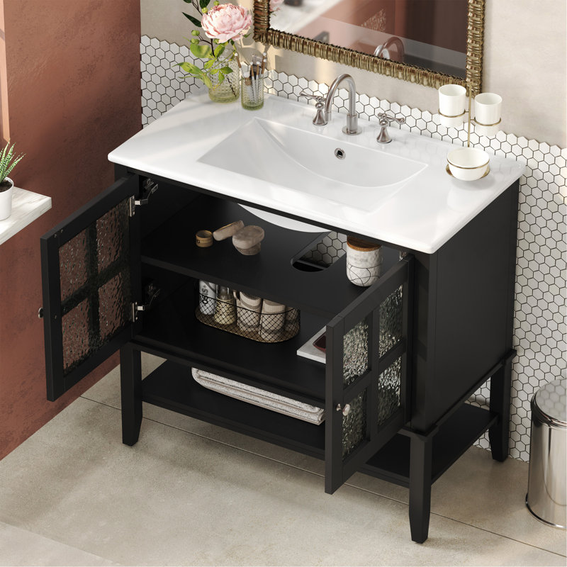 Meuble-lavabo 36 po avec lavabo en céramique, Noir