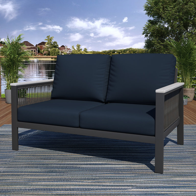 Townsend 55'' Wide Outdoor Loveseat with Sunbrella® Cushions, Canvas Navy Sunbrella® Canvas, Gray/Brown