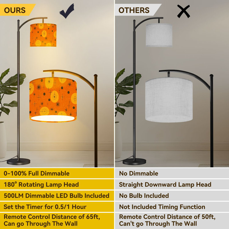 Arc Floor Lamp Vivid orange liquid geometric atomic style seamless for wrap Floor Lamps with Remote LED Lights Adjustable Lamp Shades Tall Standing Lamps for Reading Office Living Room