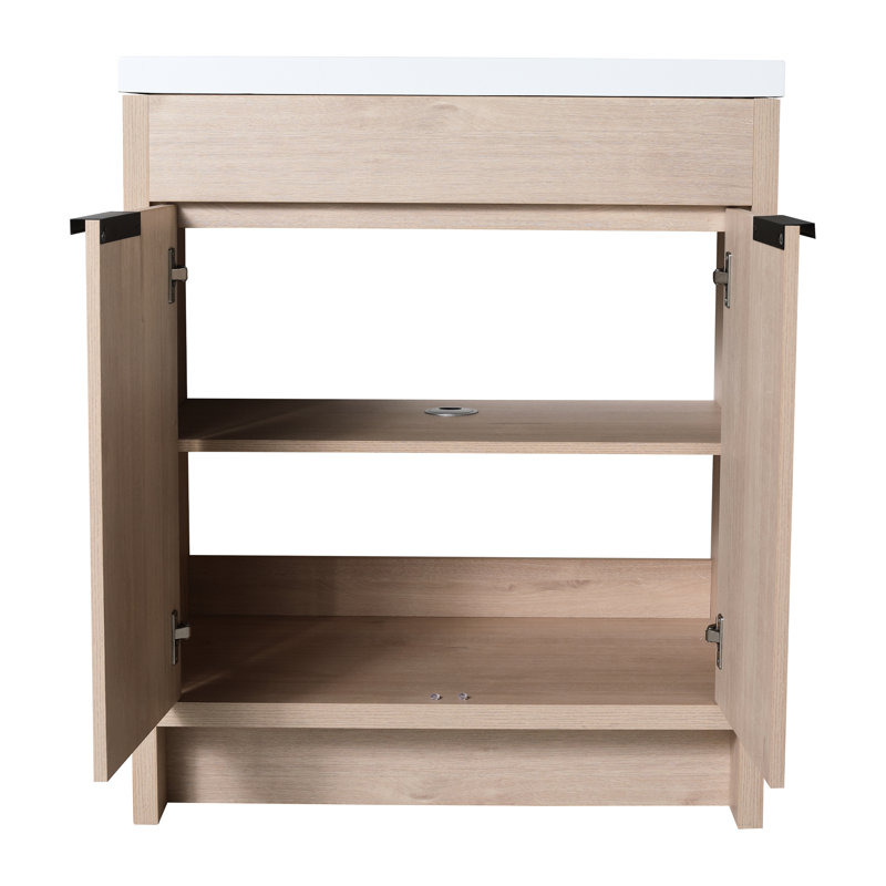 Disposition de meuble-lavabo blanc en résine blanche. 30 pouces autoportantes, 2 portes d'armoire. Fabrication en contreplaqué, tablette réglable. Poignées en métal. Plancher de chêne brut avec inclus. Fabriqué, sensé