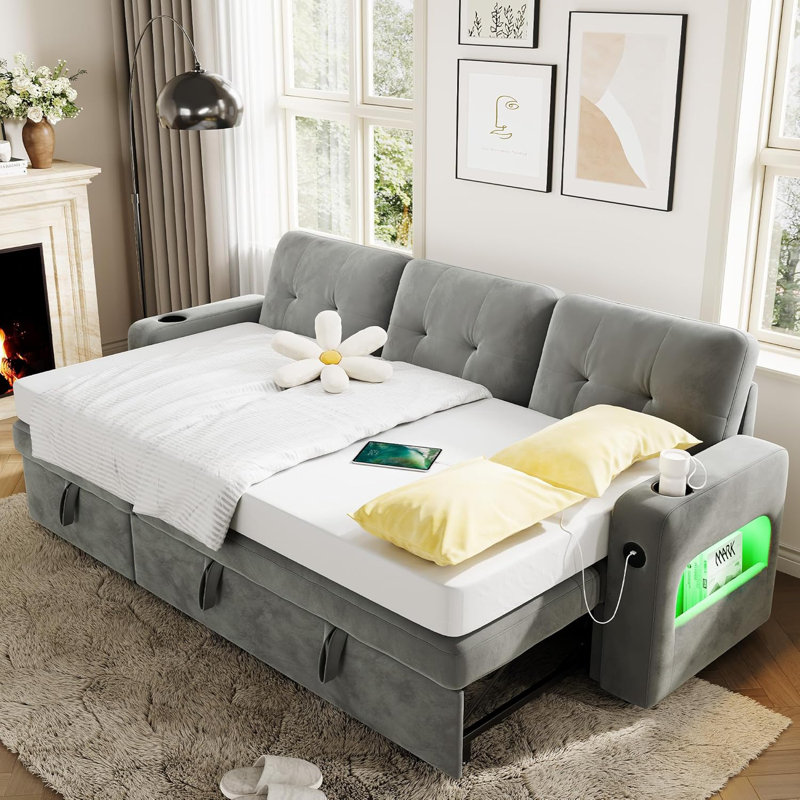 Canapé-lit de 84 pouces, canapé en L, canapé-lit convertible avec rangement, station de charge, lumières DEL, canapé modulaire moderne pour le salon, appartement, velours