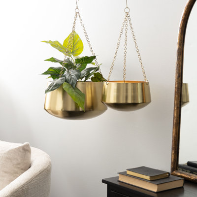 Anterion Silver Metal Hanging Dome Indoor Outdoor Wall Planter with Chain, Set of 2