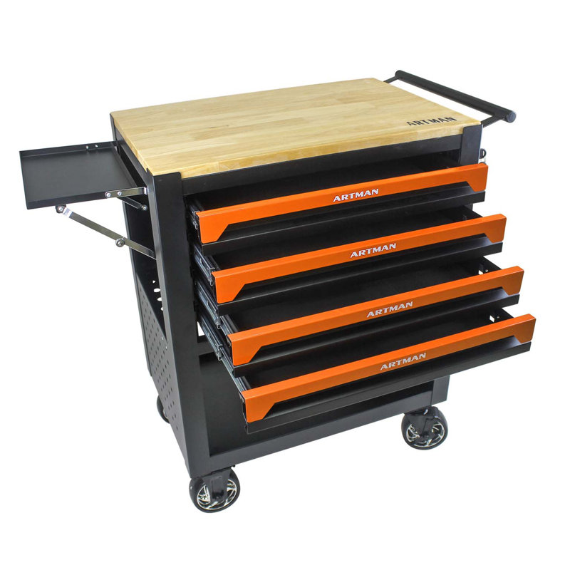 Chariot à outils multifonctionnel à 4 tiroirs avec roulettes et plateau en bois orange, Orange
