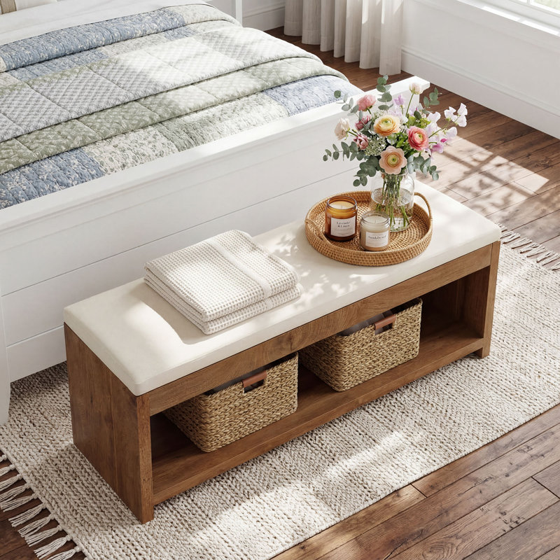 Banc de bout de lit avec coussin pour chambre à coucher, banc de rangement en bois avec étagère à chaussures de rangement 55,1 pouces