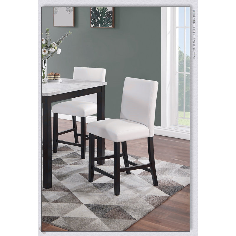 Ensemble de salle à manger moderne à hauteur de comptoir 5 pièces avec plateau en faux marbre et chaises hautes en similicuir blanc