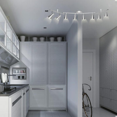 Luminaire sur rail DEL en nickel brossé - Spot de plafond flexible à 8 lumières avec têtes GU10 réglables, 4 bras pivotants, conception pliable, à intensité variable, pour la cuisine, le salon et la chambre à coucher (ampoules non incluses)
