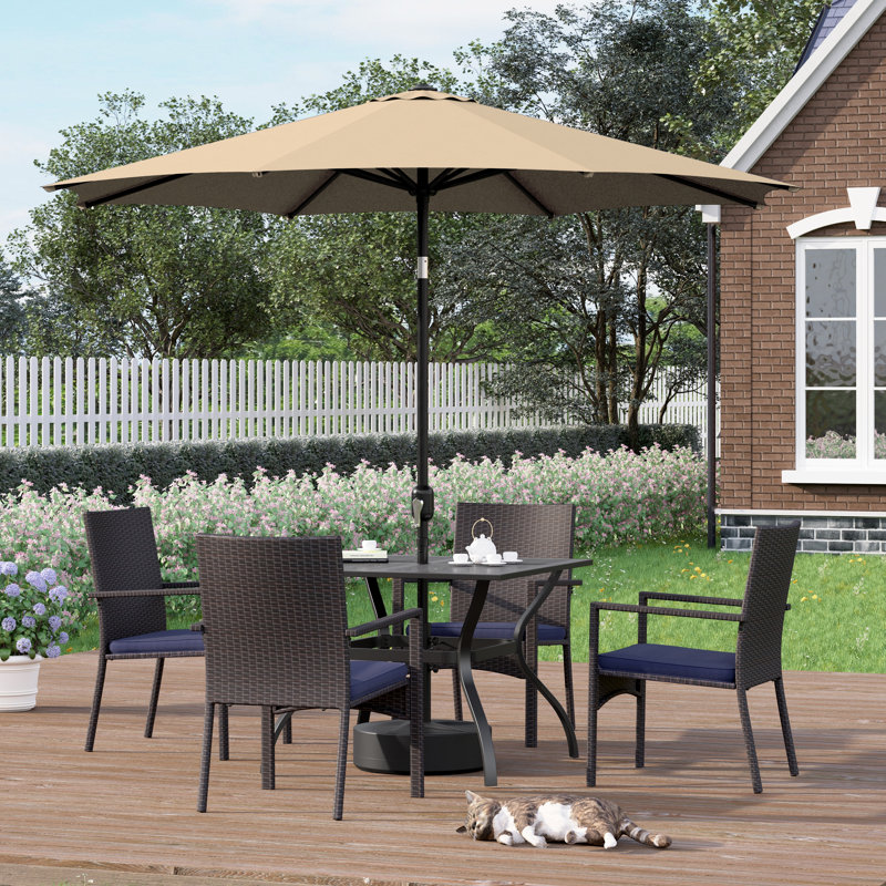 6 Pcs Patio Dining Set 4 Rattan Armchairs And Square Table With Umbrella, Orange