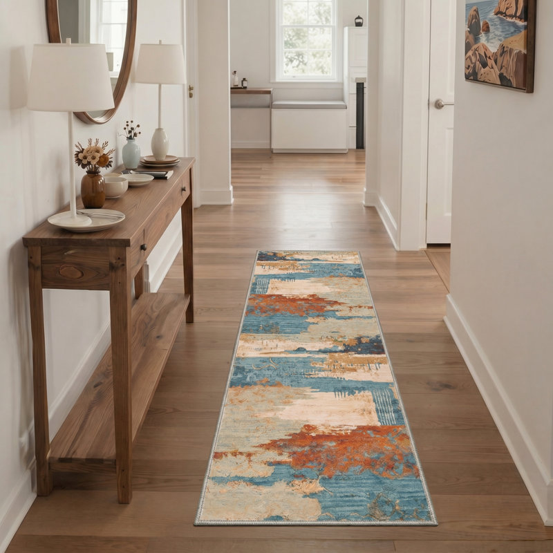 Abdul Abstract Landscape Machine Washable Teal / Rust Indoor Area Rug With Non-Slip Backing, Runner 2' x 6', Teal/Rust