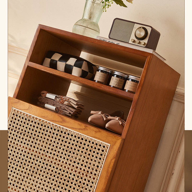 Rattan Wood Semi-Open Shoe Rack Storage Shelf 14 Pair Shoe Storage Cabinet
