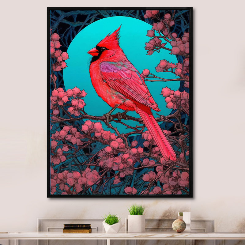 Cardinal rouge sous la pleine lune - impression, H 44 po x l 34 po x P 1,5 po, Cadre flottant noir